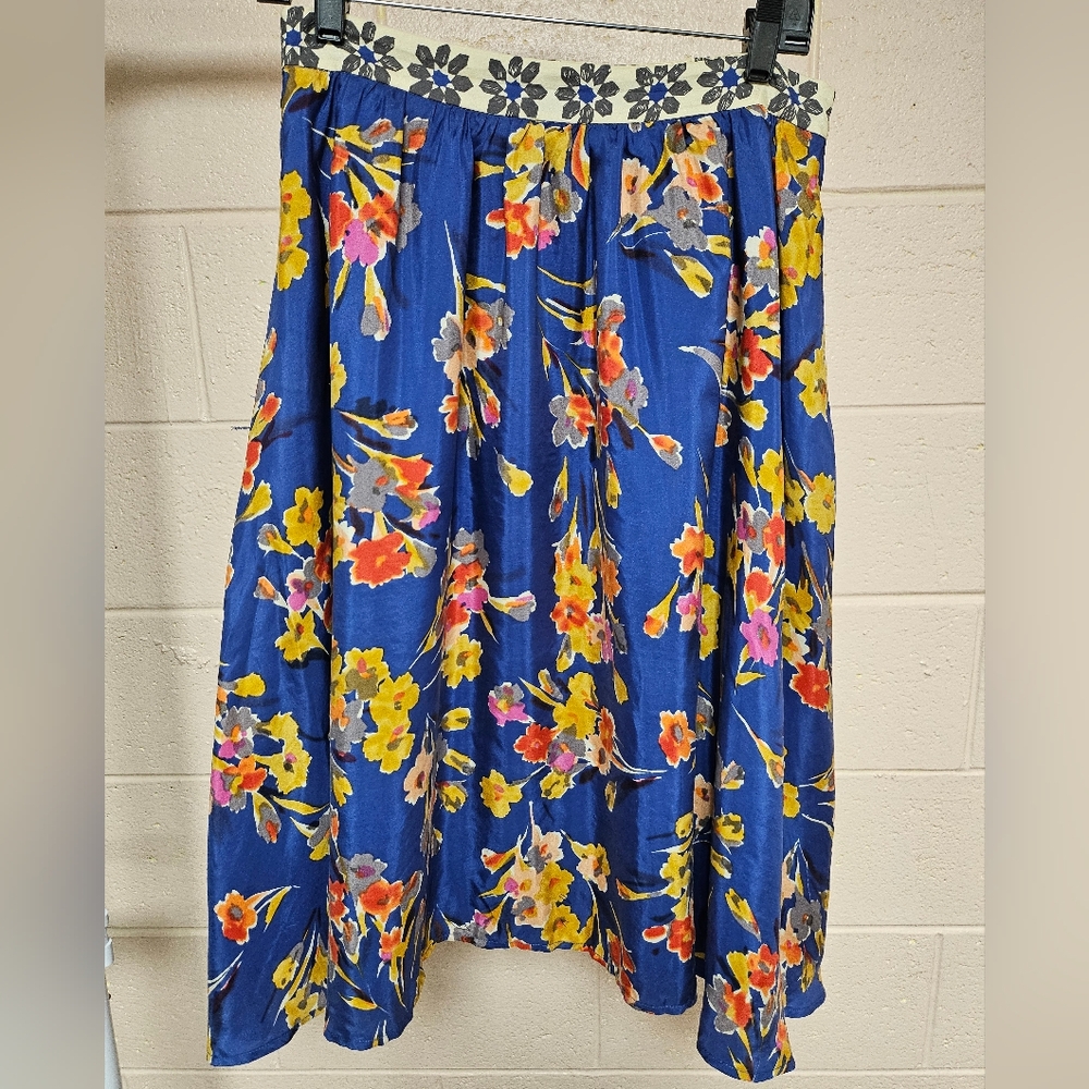 Anthropologie Floral A-Line Skirt in Blue and Yellow